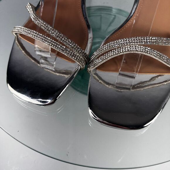 Steve Madden Loft Heel Sandals Silver Faux Rhinestone Ankle Strap - Picture 2 of 8